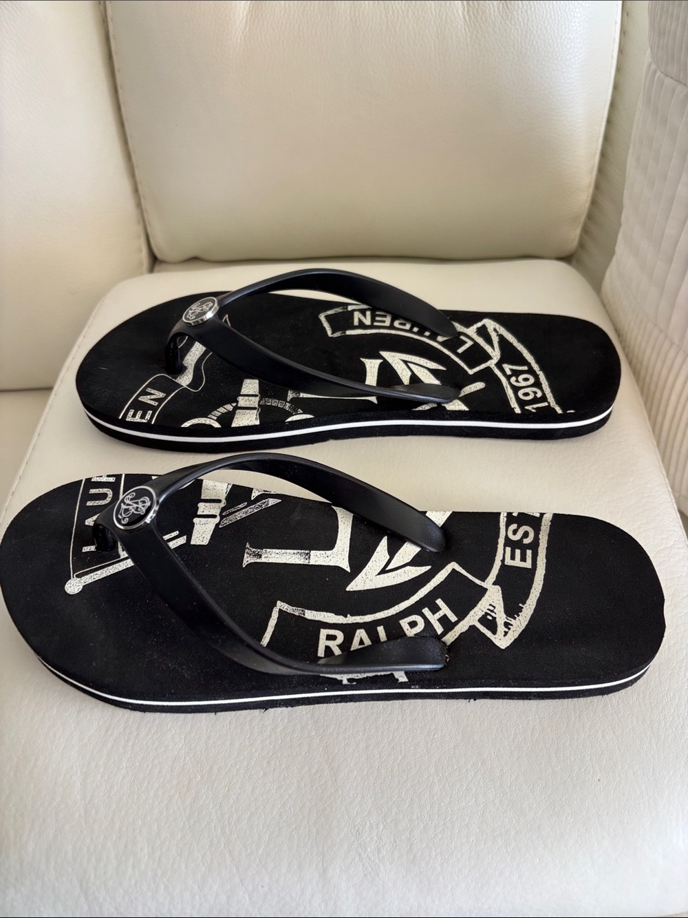 Ralph Lauren Black Flip Flop Sandals with Logo Medallion - Picture 2 of 8